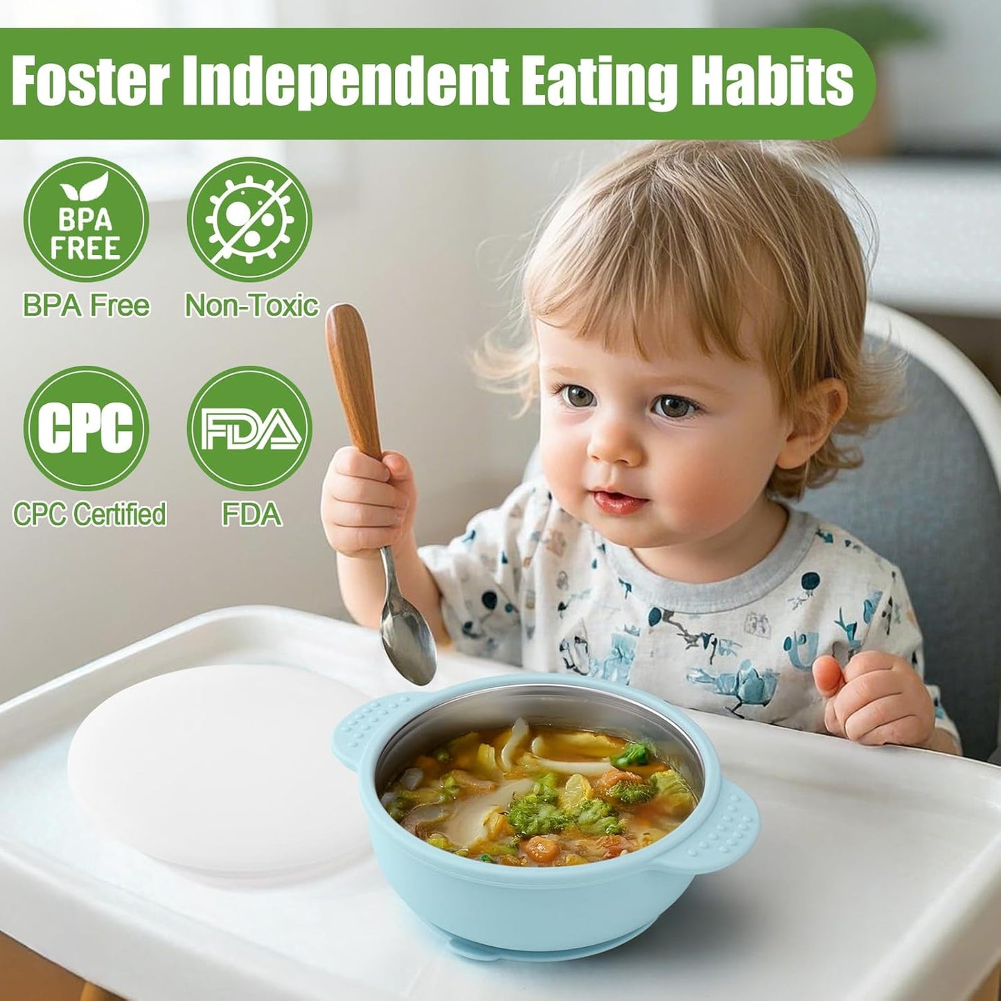 BUSOHA 3 Pack Stainless Steel Baby Bowls with Lid – 2-in-1 Toddler Feeding Bowl Heat-Resistant Spill-Proof Plate Suction Bowls for Kids Baby Toddler Food Feeding
