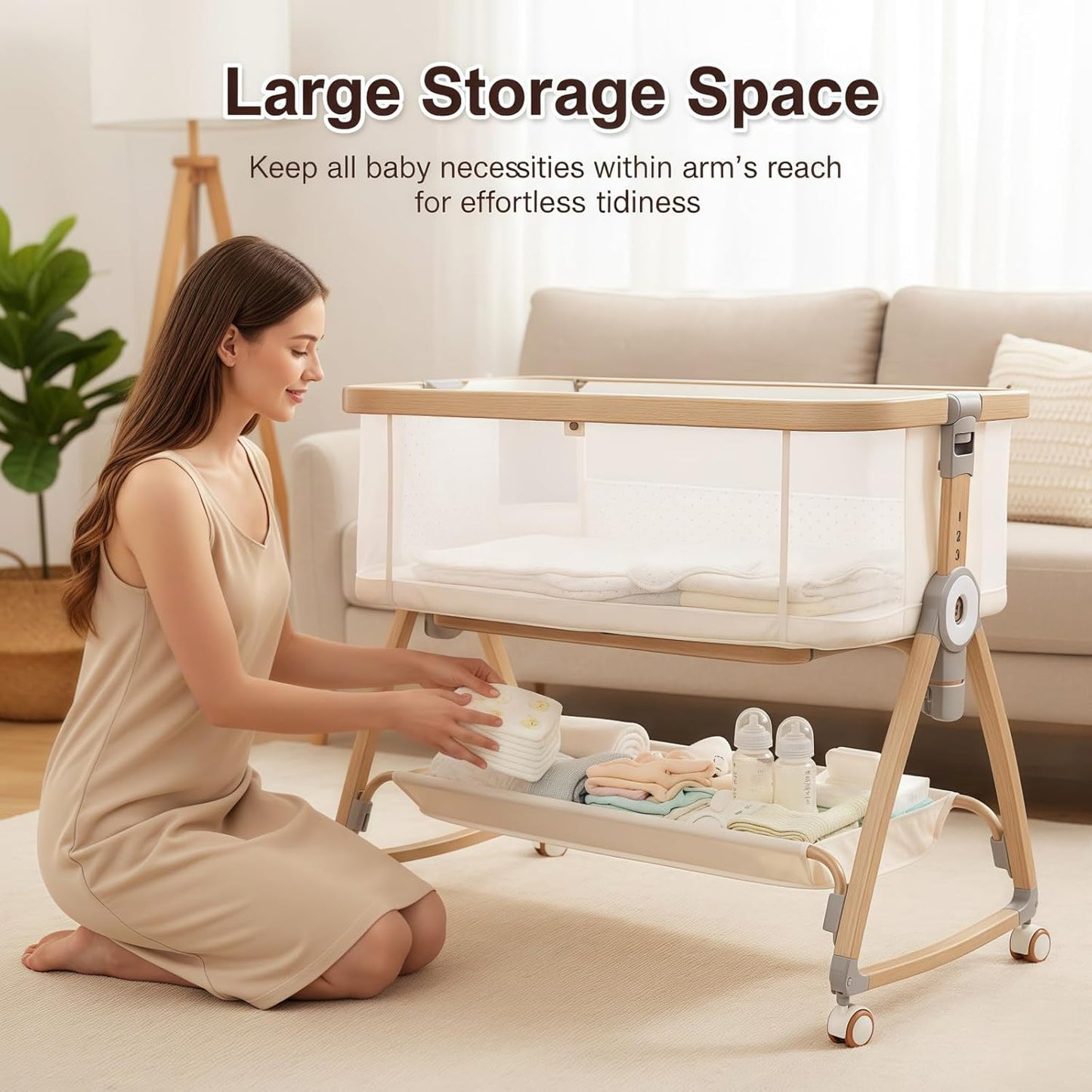 Bassinet Bedside Sleeper,Bedside Bassinet,Rocking Bassinet,3 in 1 Portable Bedside Crib with Mattress,Mobile,Mosquito Net,Storage Basket,6-Height Adjustable Baby Bassinet with Wheels for Newborn,Beige