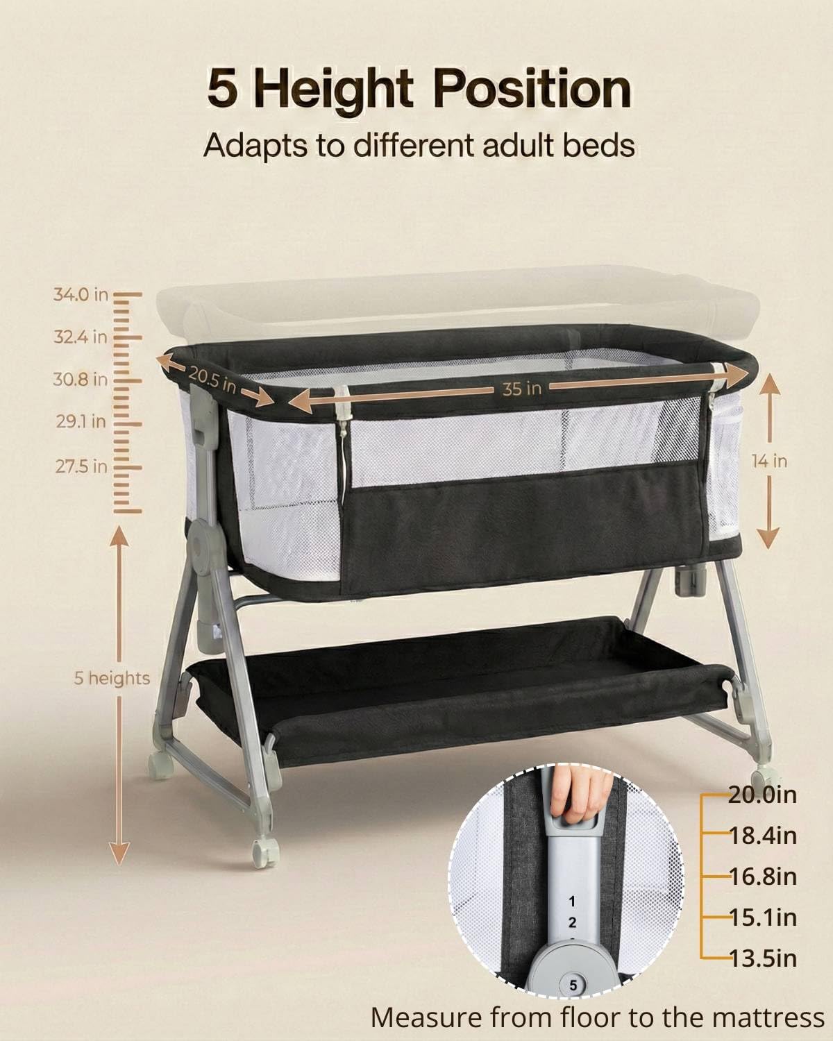 Bedside Bassinet for Baby, Sturdy 3 in 1 Bedside Sleeper with Mattress & Wheels, Height Adjustable, Breathable Mesh, Storage Basket, Easy to Assemble for Newborn, Grey