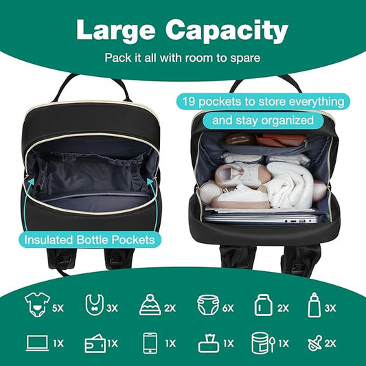 MOMUVO Diaper Bag Backpack, Quilted Baby Bag with Changing Pad and Stroller Straps, Dark Black