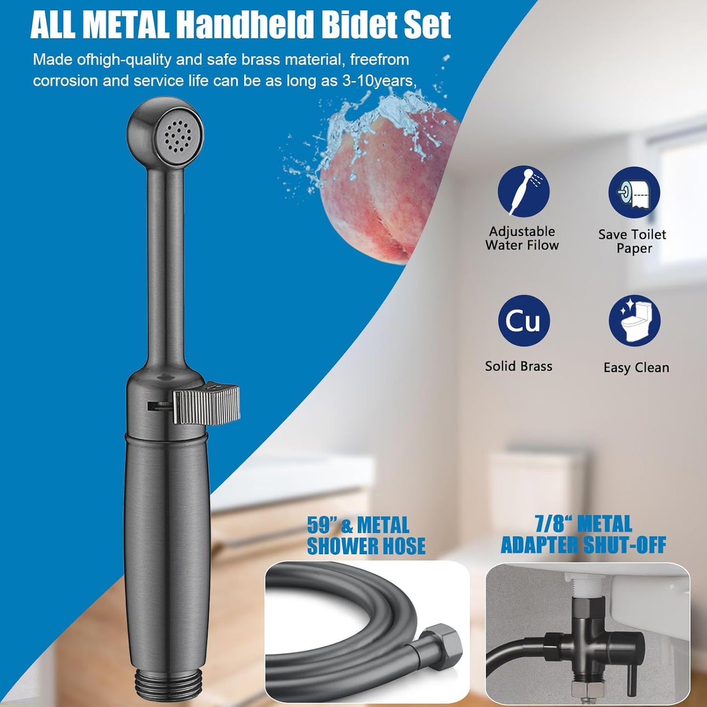 SonTiy Handheld Bidet Sprayer for Toilet, Cloth Diaper Sprayer Set Hand Held Bidet Jet Spray for Toilet with Backflow Preventer, Adjustable Water Pressure Control, Brass, Black Stainless