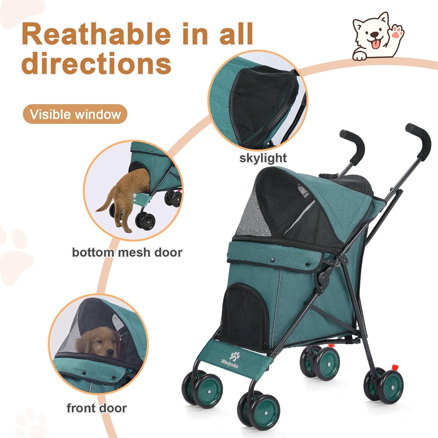 Wedyvko Travel Portable Dog Stroller, Pet Stroller for Small Puppy Dogs & Cats, Up to 33 lbs, Black
