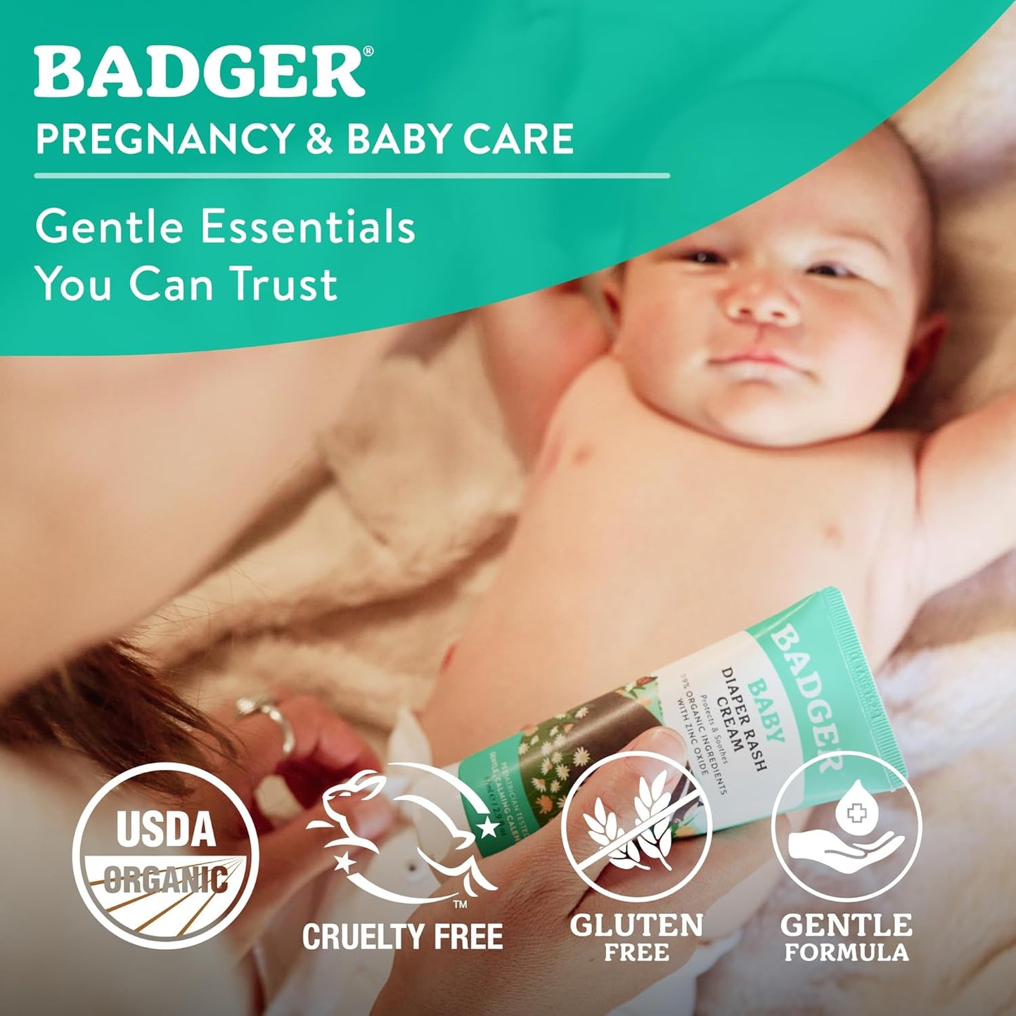 Badger Baby Diaper Rash Cream, Zinc Oxide Diaper Cream for Babies, Natural Skin Barrier Cream with Organic Sunflower Oil & Beeswax, 2.9 fl oz, 2-Pack