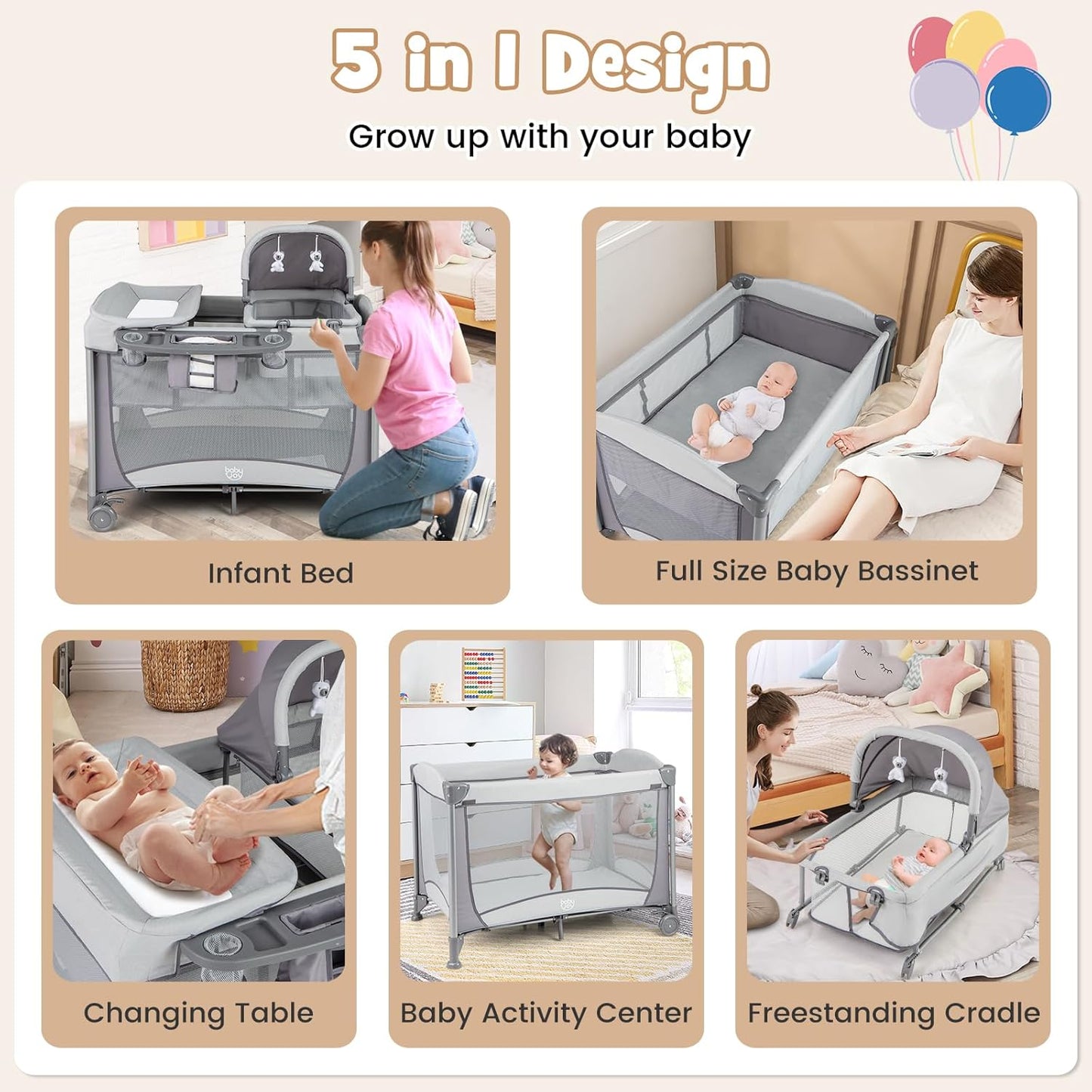 BABY JOY 5 in 1 Pack and Play, Portable Nursery Center Baby Playard w/Bassinet & Diaper Changing Table, Bag, Infant Bassinet Crib Activity Center for Baby Toddlers Indoor Outdoor (Royal Blue, Classic)