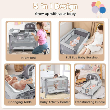 BABY JOY 5 in 1 Pack and Play, Portable Nursery Center Baby Playard w/Bassinet & Diaper Changing Table, Bag, Infant Bassinet Crib Activity Center for Baby Toddlers Indoor Outdoor (Royal Blue, Classic)