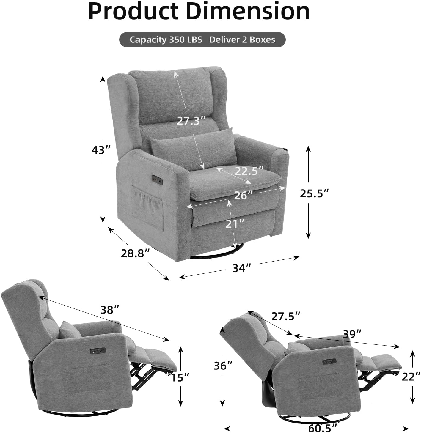 Large Glider Rocker Recliner,Rocking Chair Nursery with Adjustable Headrest,Swivel Rocker Recliner with Lumbar Support,Manual Nursery Rocker Recliner for Living Room& Bedroom,Chenille White