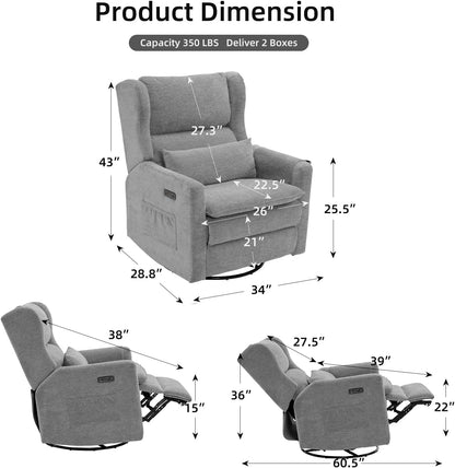 Large Glider Rocker Recliner,Rocking Chair Nursery with Adjustable Headrest,Swivel Rocker Recliner with Lumbar Support,Manual Nursery Rocker Recliner for Living Room& Bedroom,Chenille White