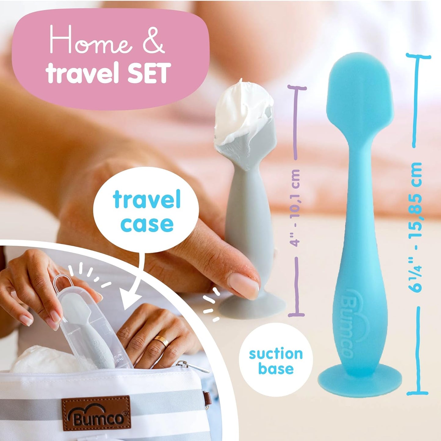 Bumco Mini Baby Diaper Cream Spatula with Case - BPA-Free Silicone Diaper Spatula with Suction Cup, Wipe-Clean Baby Bum Brush, Mom-Invented Butt Paste Applicator (Blue)