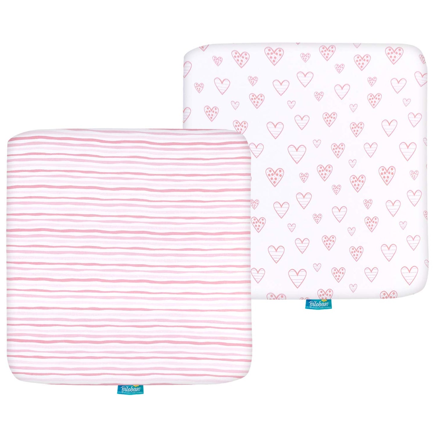Square Playard/Playpen Fitted Sheets, Perfect for 36 X 36 Portable Playard, 2 Pack, 100% Jersey Knit Cotton Fitted Sheets, Grey Stripes and Hearts Print for Baby Boy and Baby Girl
