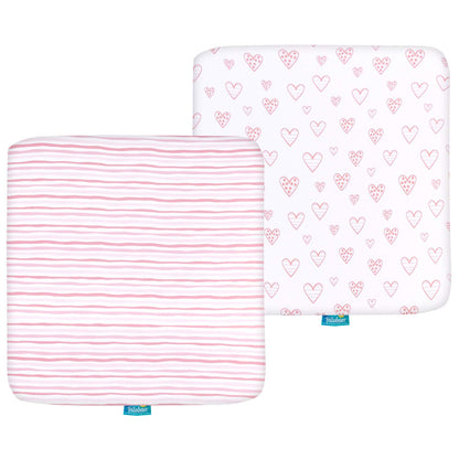 Square Playard/Playpen Fitted Sheets, Perfect for 36 X 36 Portable Playard, 2 Pack, 100% Jersey Knit Cotton Fitted Sheets, Grey Stripes and Hearts Print for Baby Boy and Baby Girl
