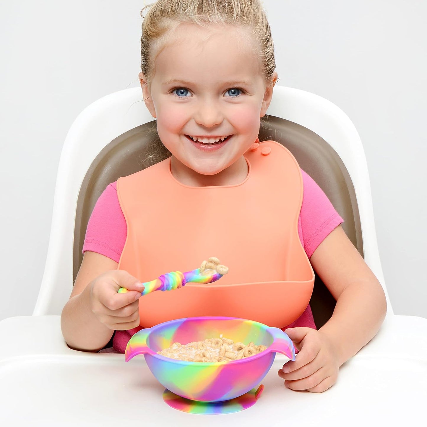 PrimaStella Unbreakable Silicone Non-Slip Bowl and Chew Spoon Set for Babies and Toddlers (Rainbow Swirl)
