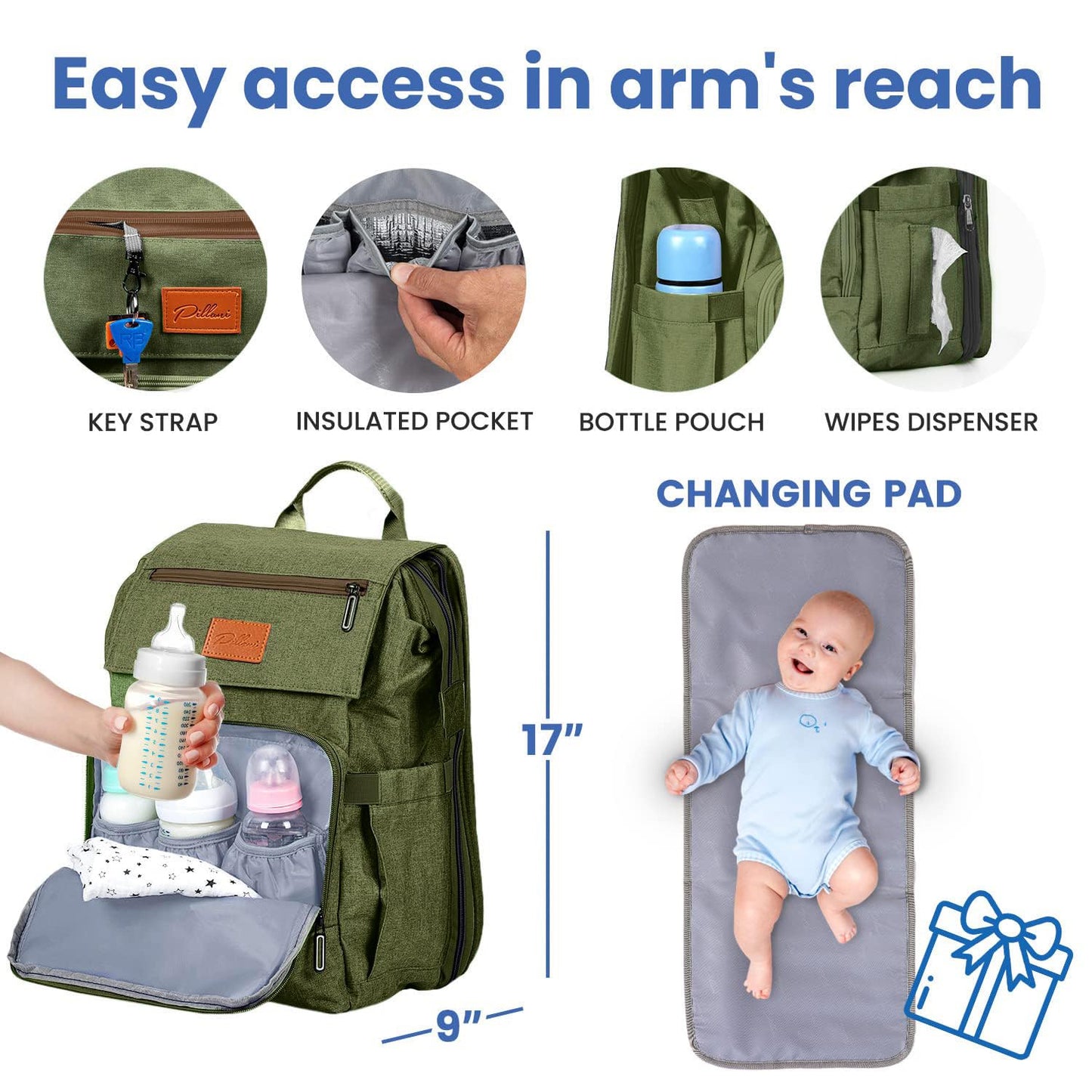 PILLANI Baby Diaper Bag Backpack - Large Waterproof Travel Diaper Bag for Boys & Girls, 16 Organizer Pockets with Changing Pad, Insulated Bottle Pockets & Stroller Straps, Baby Shower Gifts, Dinosaur
