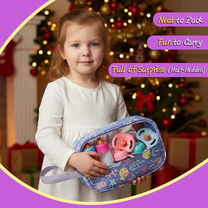 CARANOVO Baby Doll Accessories Set – 7 Pcs Feeding and Caring Set with Magic Disappearing Bottles, Pacifier, Diapers and Bibs Doll Pretend Play Gift for Kids