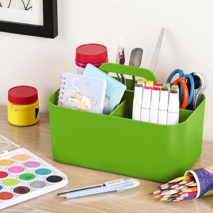 Multiuse Caddy Organizer with Handle, Portable Divided Plastic Tote Bin - Art Craft, Stationary Pen Marker Crayons, Makeup Hair Supplies Storage - Bathroom, Classroom, Dorm, Office, Desk Holder - Pink
