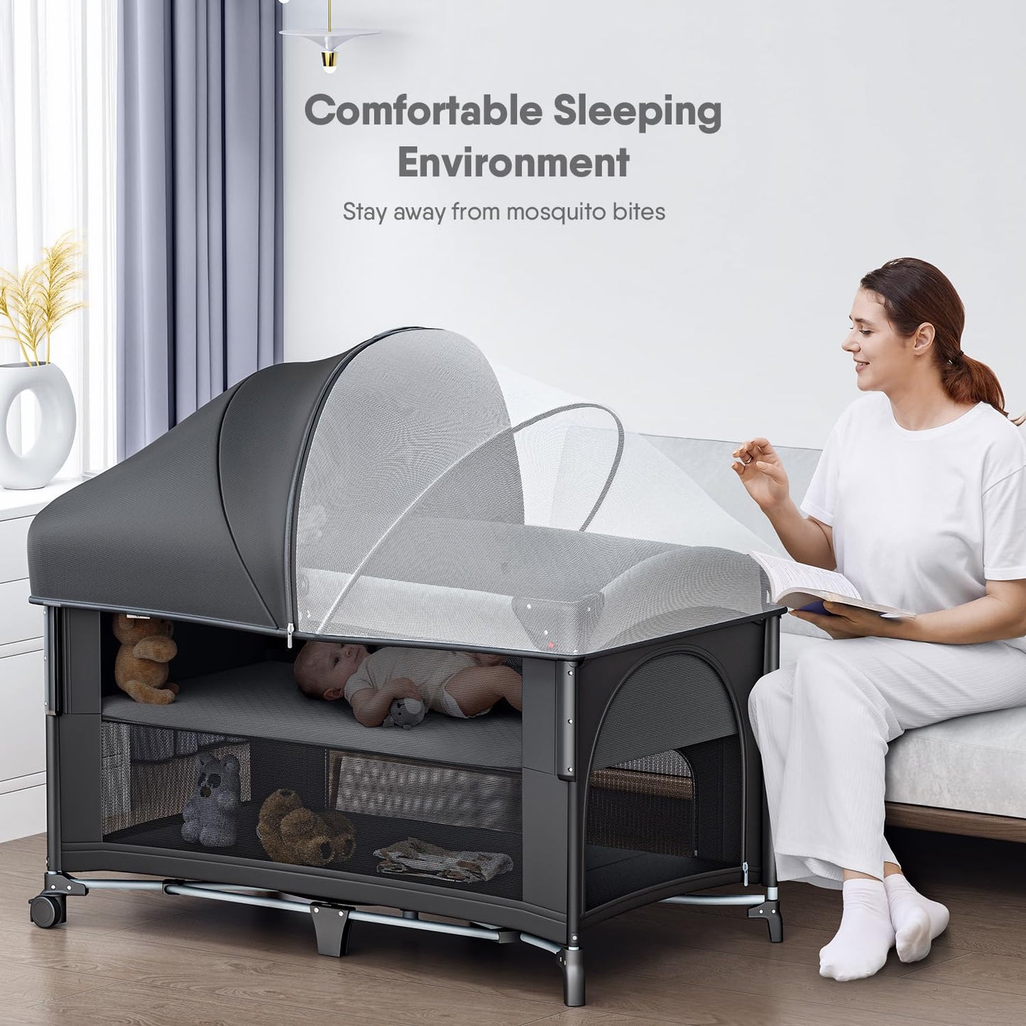 Obee Odee 4 in 1 Baby Bassinet, Pack and Play, Bedside Crib Sleeper, Diaper Changer - Comes with Mattress, Mosquito Net, Bottom Storage and Toy Bar for Newborn to Toddles