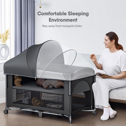 Obee Odee 4 in 1 Baby Bassinet, Pack and Play, Bedside Crib Sleeper, Diaper Changer - Comes with Mattress, Mosquito Net, Bottom Storage and Toy Bar for Newborn to Toddles