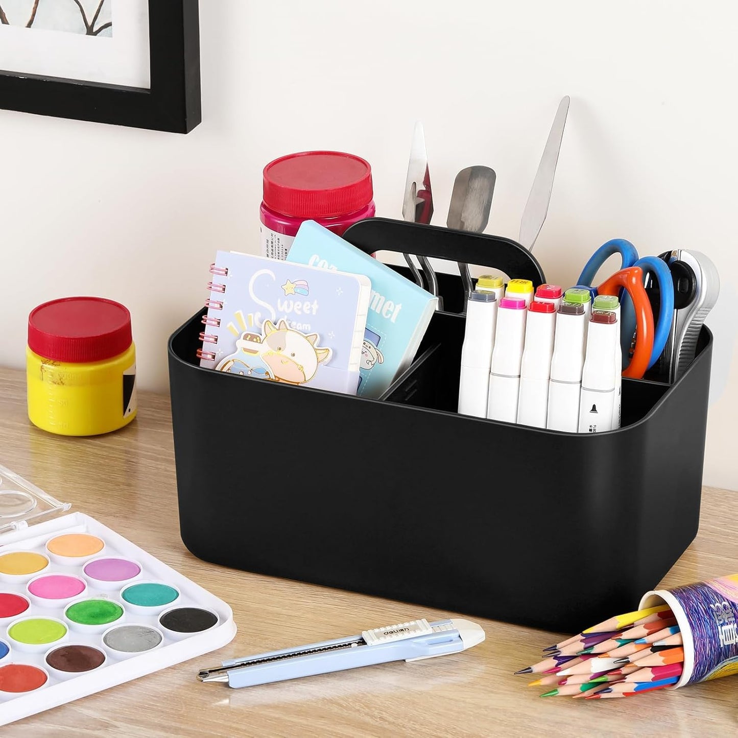 Multiuse Caddy Organizer with Handle, Portable Divided Plastic Tote Bin - Art Craft, Stationary Pen Marker Crayons, Makeup Hair Supplies Storage - Bathroom, Classroom, Dorm, Office, Desk Holder - Pink