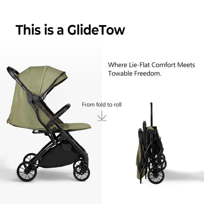 newyoo GlideTow TR18M Compact Travel Stroller for Infant, Lightweight Foldable Baby Stroller with Luggage Handle & Cup Holder, One-Hand Easy Fold, Near Lay Flat Recline Seat, Green