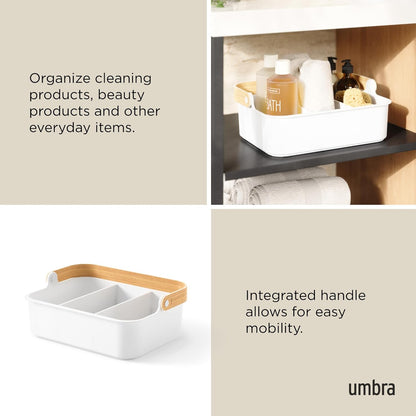 Umbra Bellwood Stackable Bin, 14" x 10" Durable Lightweight Container with Wooden Handle and Removable Dividers, Black/Walnut