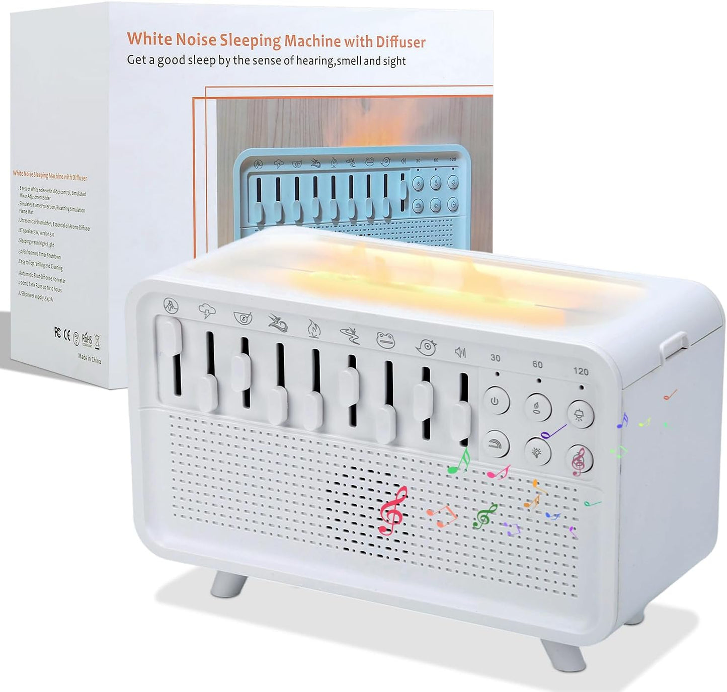 White Noise Night Light Humidifier, 3-in-1 White Noise Sound Machine Humidifier with 8 Ambient Sounds, Diffuser Sound Box Powered by USB, Sleep Sound Machine for Home Office, Timer