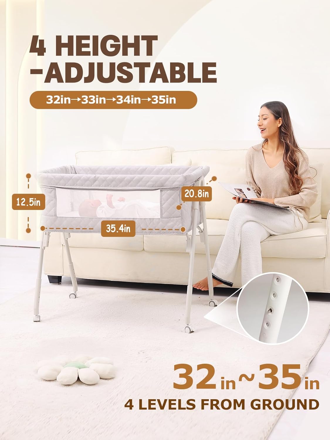 Baby Bassinet Bedside Sleeper - Upgrade Safety Bassinets with Crib Sheet, Easy to Move, 4 Adjustable Height Bedside Bassinet for Infant Newborn, Cream | More Safer, Easy Move, Storage Bag, Waterproof Sheet, Storage Bag, Easy to Install