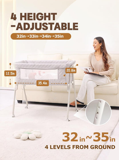 Baby Bassinet Bedside Sleeper - Upgrade Safety Bassinets with Crib Sheet, Easy to Move, 4 Adjustable Height Bedside Bassinet for Infant Newborn, Cream | More Safer, Easy Move, Storage Bag, Waterproof Sheet, Storage Bag, Easy to Install