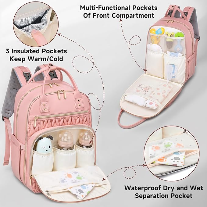 Tealari Diaper Bag Backpack,Stylish Baby Diaper Bag,Waterproof Travel Diaper Backpacks Baby Bags with Changing Pad,Stroller Straps,Insulated Pockets (Pink)