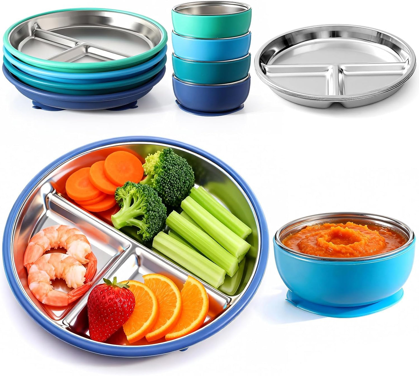 Havawish 8 Pcs Stainless Steel Baby Plate and Bowls with Suction, 8.3" Kid Divided Plate and 4" Toddler Bowl with Removable Silicone, BPA-free Non-slip Baby Feed Set Dishwasher Safe for Boy Girl(Pink)
