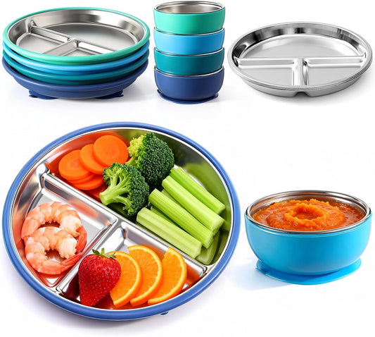 Havawish 8 Pcs Stainless Steel Baby Plate and Bowls with Suction, 8.3" Kid Divided Plate and 4" Toddler Bowl with Removable Silicone, BPA-free Non-slip Baby Feed Set Dishwasher Safe for Boy Girl(Pink)