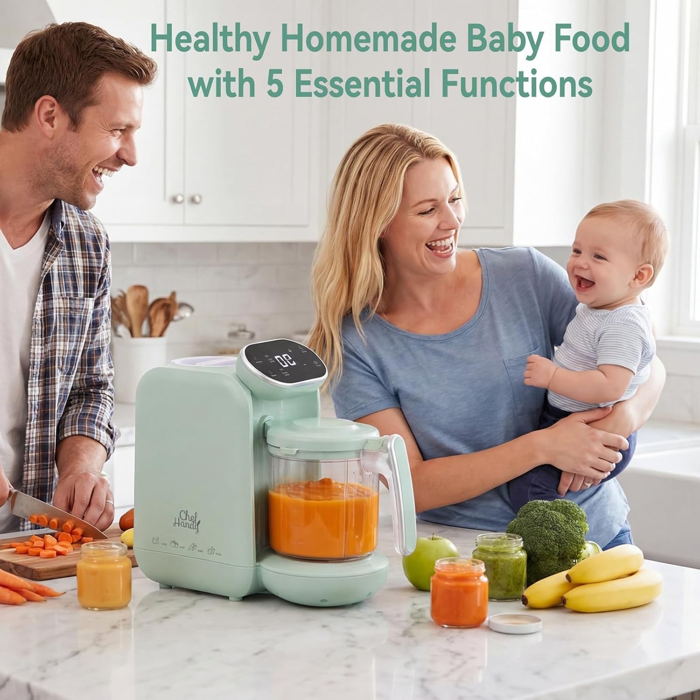 Chefhandy Baby Food Maker, Steamer & Blender with Stainless Steel Basket, Puree Maker with Auto/Manual Blend, Bottle Warmer & Sterili-zer, Safe & Easy-to-Clean Compact Baby Food Processor (Yellow)