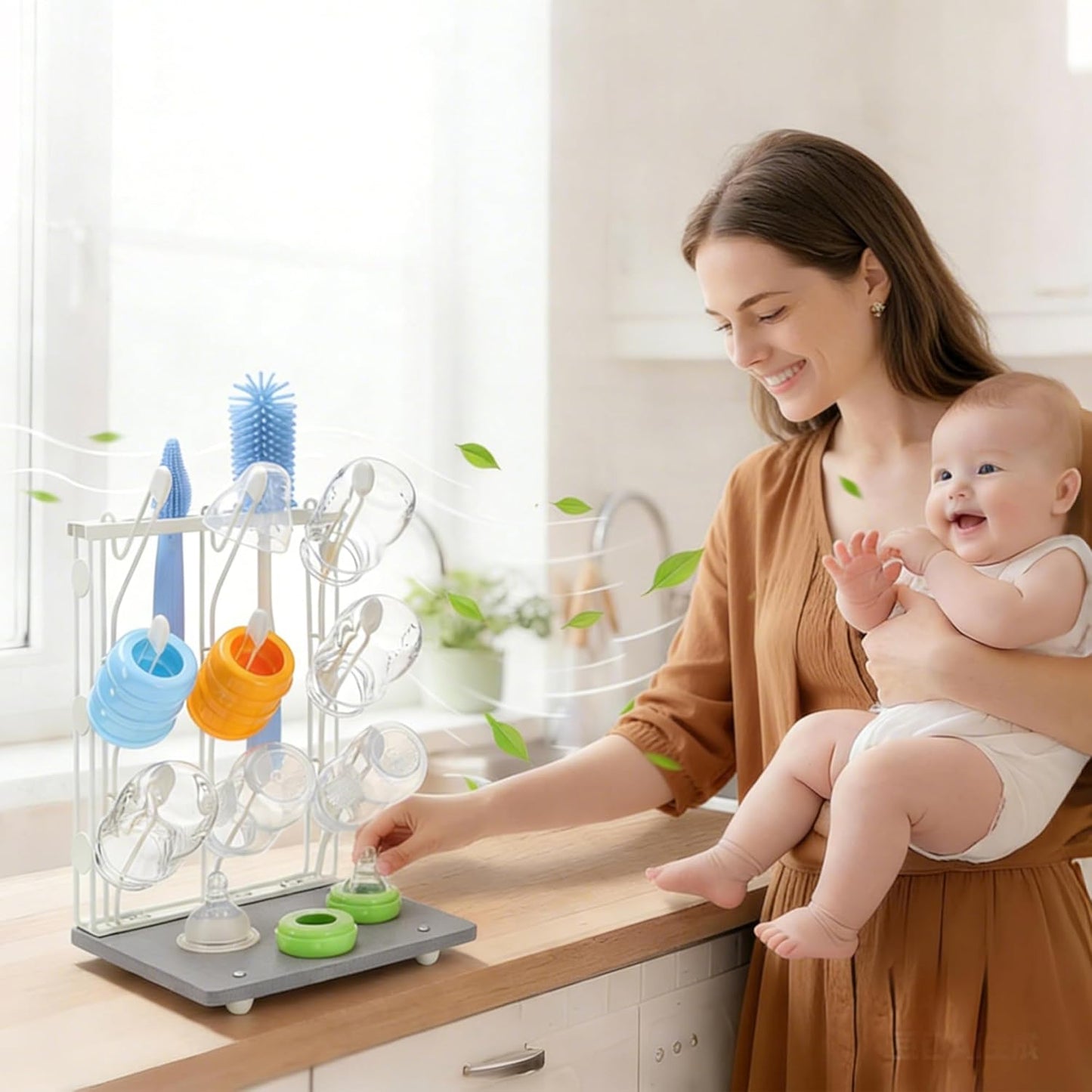 Taozun Bottle Drying Rack with 9 Hooks, Quick-Dry Diatomite Base with Stainless Steel Cup Stand, Vertical Space Saving Countertop Baby Organizer