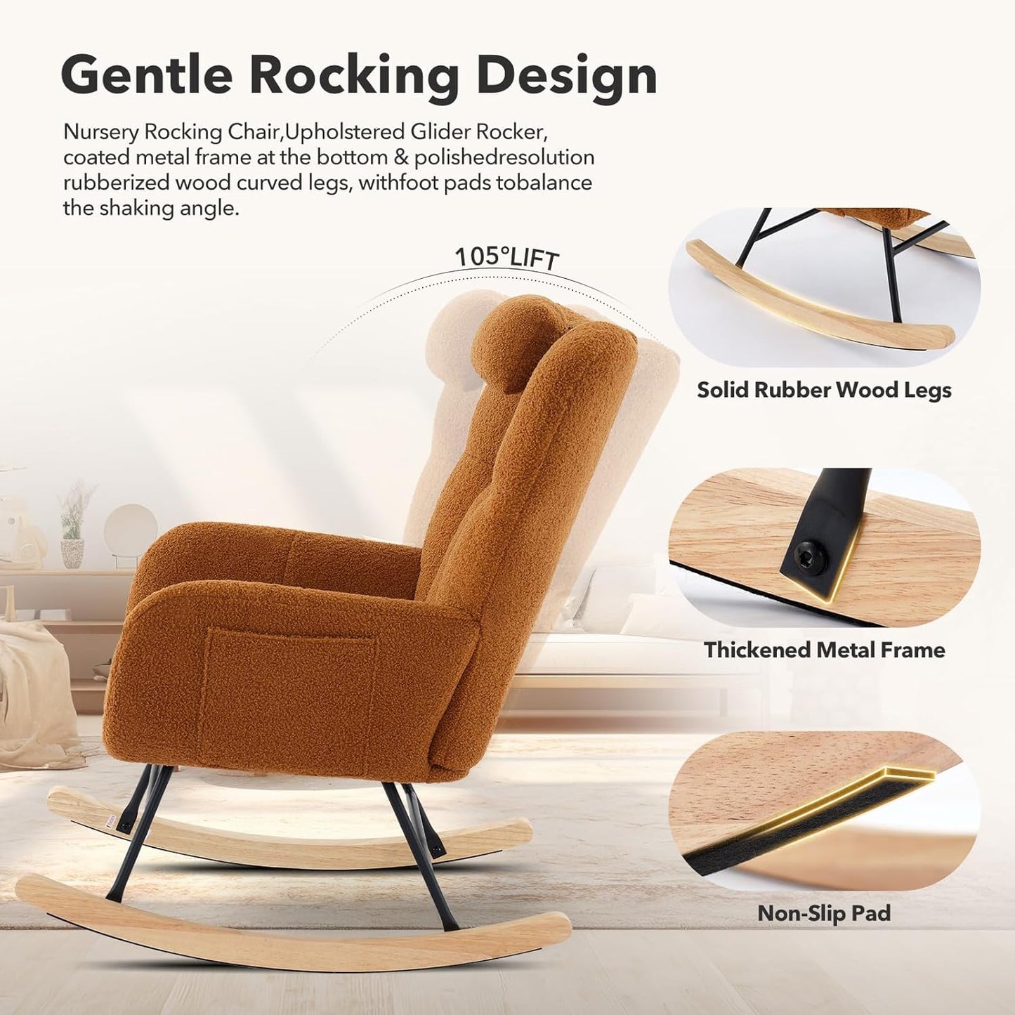 GarveeHome Rocking Chair Nursery Teddy, Upholstered Baby Fluffy Glider Rocker for Adults Small Spaces Indoor, Nursing Chairs for Living Room, Bedroom, Classroom