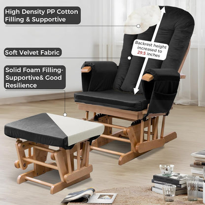 5PCS Suede Glider Rocker Replacement Cushions with 29.5" High Backrest & Side Pockets, Thickened Soft Glider Rocking Chair Cushions with Ottoman Cushion for Indoor Nursery Rocking Chair, Green