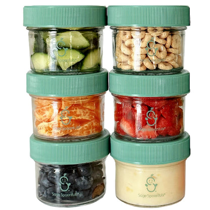 Sage Spoonfuls -12 Pack, 4 oz Baby Food Jars, Glass Baby Food Containers with Lids - Freezer Storage, Leakproof, Reusable Small Glass Baby Food Containers, Microwave & Dishwasher Friendly