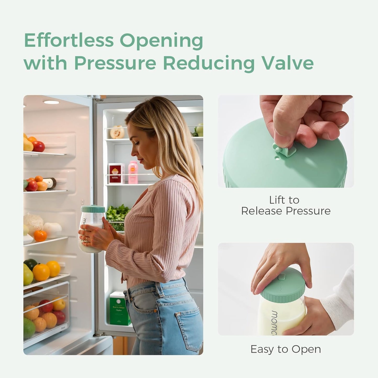 Momcozy Breast Milk Pitcher, Resistant to Heat and Cold Abrupt Temp Swings, No Leak Glass Breast Milk Fridge Storage Container with Wide Mouth, Fast Baby Formula Maker, Green