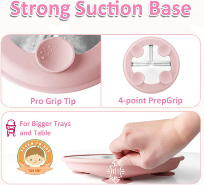 Bakpoco Stainless Steel Toddler Plate with Suction, 9” Divided Plates with Removable Silicone Sleeves for Kids, Non Toxic & BPA Free | Non Slip | Unbreakable Baby Snack Dishes Set of 2, Blue & Gray