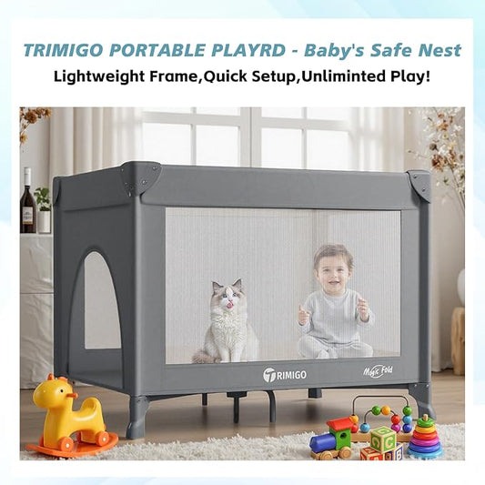 Portable Travel Crib & Playpen - Baby Safe Folding Travel Bed w/Mattress, Breathable Mesh | Compact Lightweight Baby Bed | Pack and Play for Babies & Toddlers (Grey)