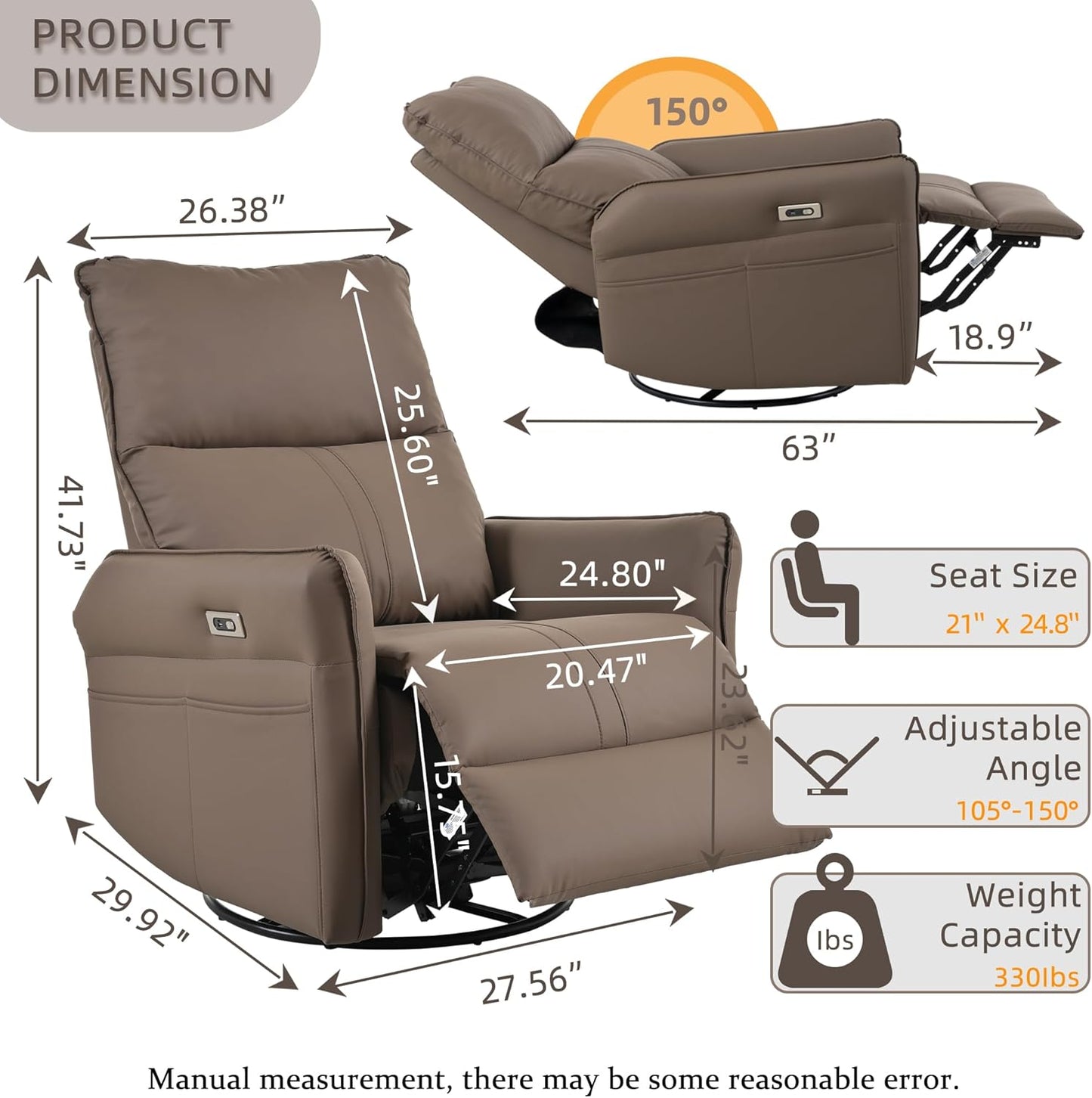 Power Swivel Rocker Recliner Chair for Nursery, Upholstered Snowflake Velvet 270°Swivel Glider Rocker Chair with USB Ports, Small Power Recliners for Small Spaces Living Room