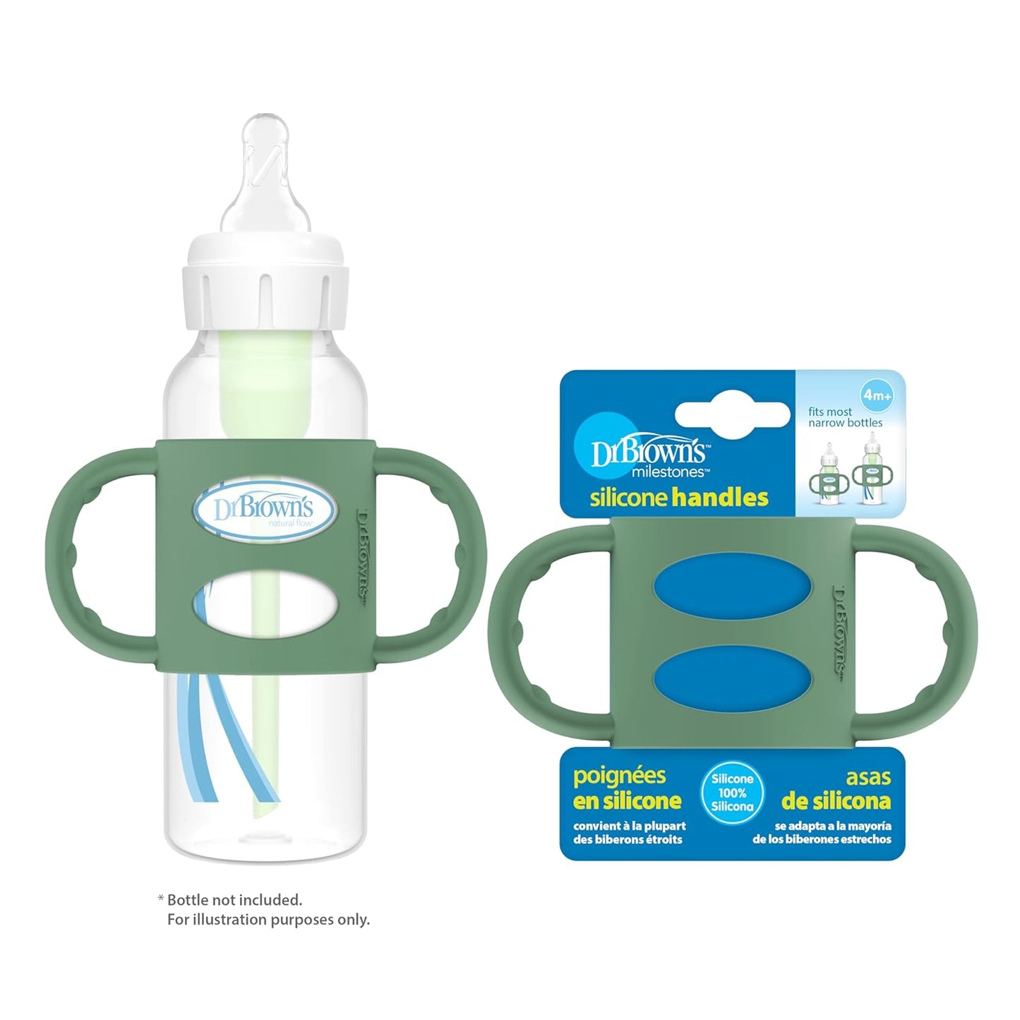 Dr. Brown's Narrow Baby Bottle Handles, 100% Silicone, Easy Grip Removable Handles for Bottle to Sippy Cup Transition, Blue, 4m+