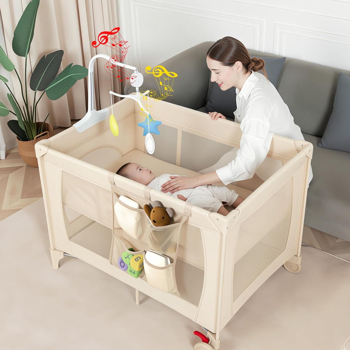 Pack and Play with Changing Table & Carry Bag, 4-in-1 Portable Crib Playpen for Newborn to Toddler, ASTM Certified Foldable Travel Crib with Bassinet(A-Black)