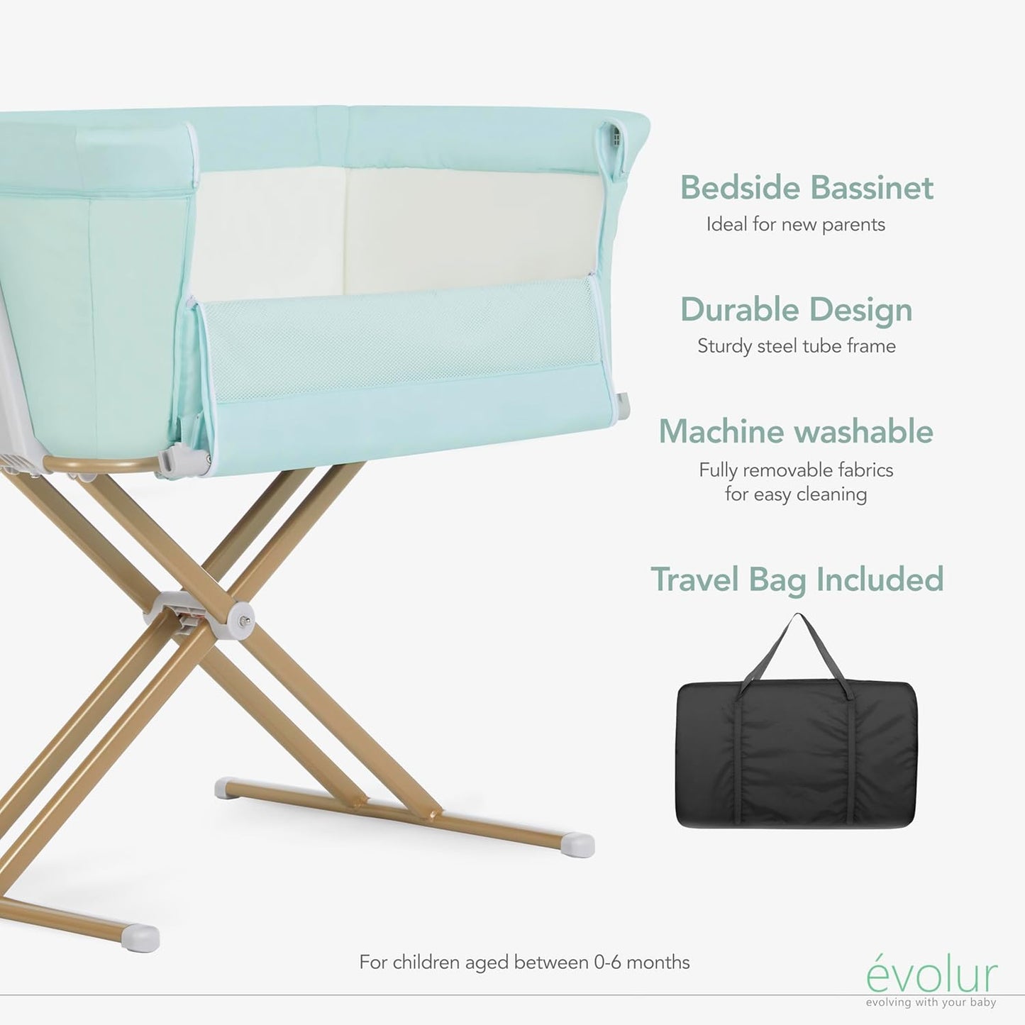 Evolur Orabelle Baby Bassinet & Bedside Sleeper, Breathable Mesh Sides, Plush Mattress Pad with Removable Cover, Tool-Free Assembly, Quick Foldable Steel Frame Compact Design with Travel Bag – Black
