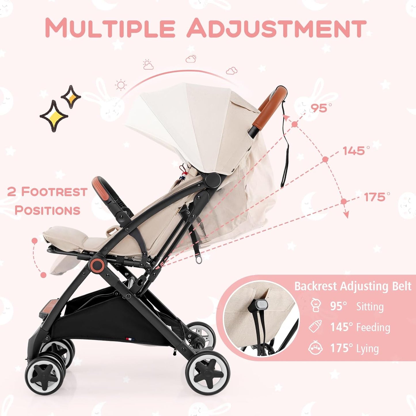 HONEY JOY Travel Stroller, One-Hand Quick Fold Lightweight Umbrella Stroller for Airplane, Wrist Wrap & Net, Multi-Position Recline, Overhead Friendly Compact Stroller for Newborn and Toddler(Gray)
