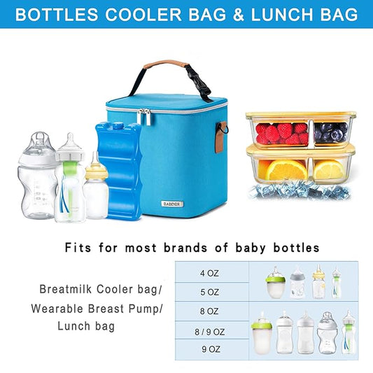 Breastmilk Cooler Bag with Ice Pack Fits 6 Baby Bottles Up to 9 Ounce, Baby Bottle Bag with Shoulder Strap for Nursing Mom Daycare, Blue