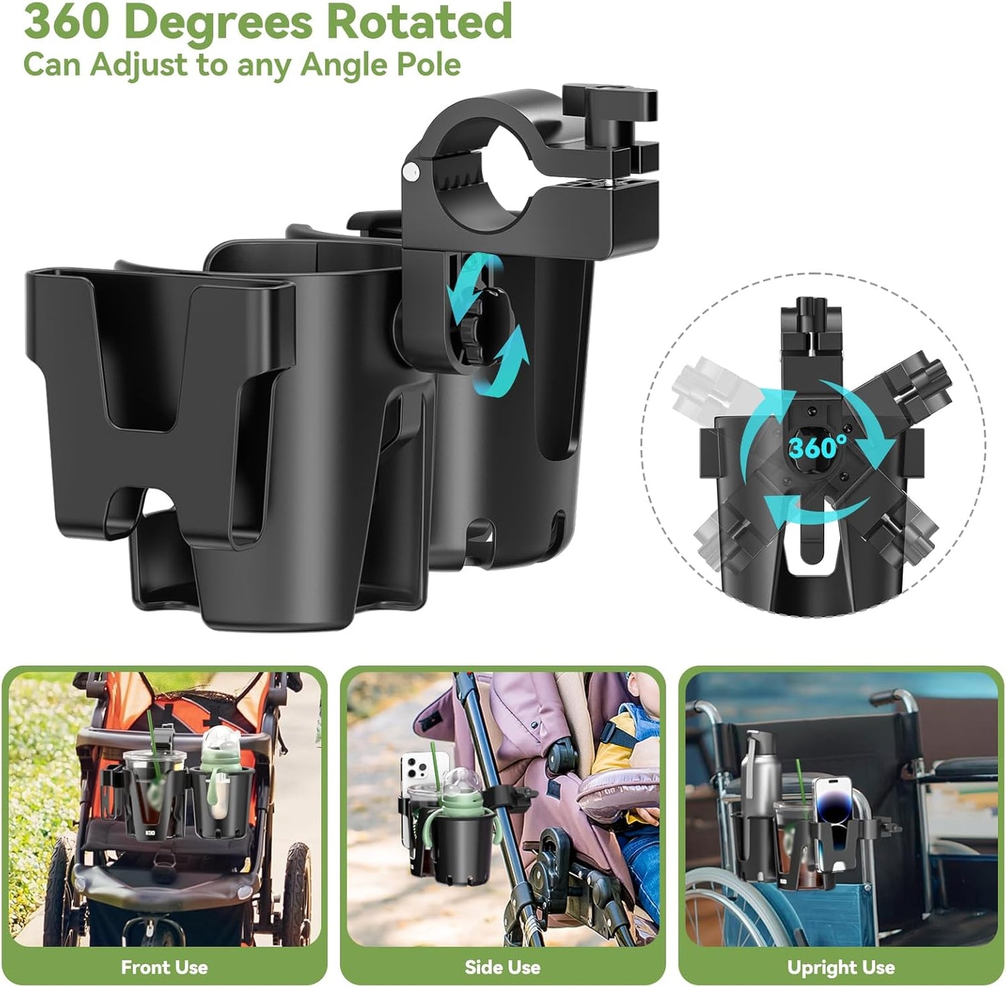 KDD Stroller Cup Holder with Phone Holder, 3-in-1 Removable Bottle Holder, 360 Degrees Rotation Drink Holder for Wheelchair, Stroller, Bike, Walker, Scooter, Bicycle, Uppababy, Bugaboo, Britax
