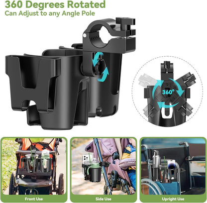 KDD Stroller Cup Holder with Phone Holder, 3-in-1 Removable Bottle Holder, 360 Degrees Rotation Drink Holder for Wheelchair, Stroller, Bike, Walker, Scooter, Bicycle, Uppababy, Bugaboo, Britax
