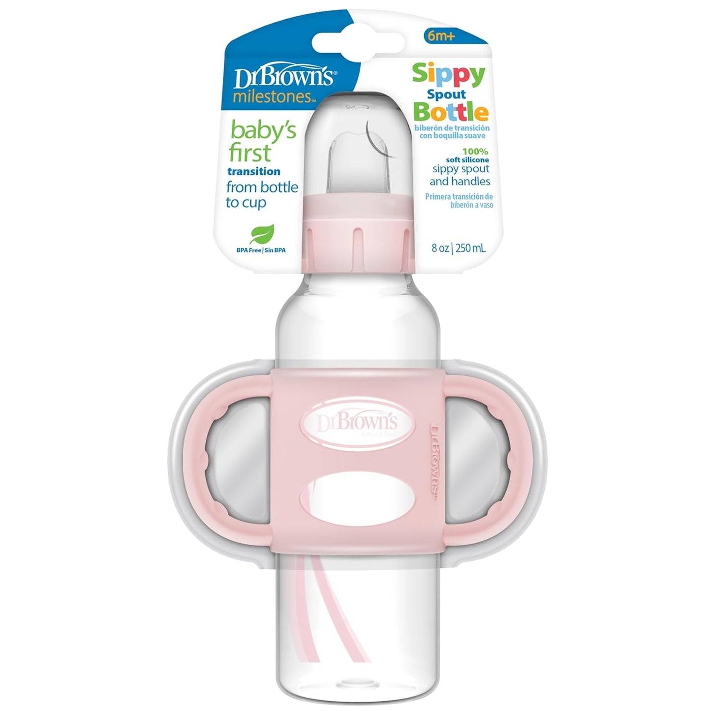 Dr. Brown's Milestones Narrow Sippy Spout Bottle with 100% Silicone, Easy-Grip Handles and Soft Sippy Spout, 8oz/250mL, Light Pink and Ecru, 2-Pack, 6m+