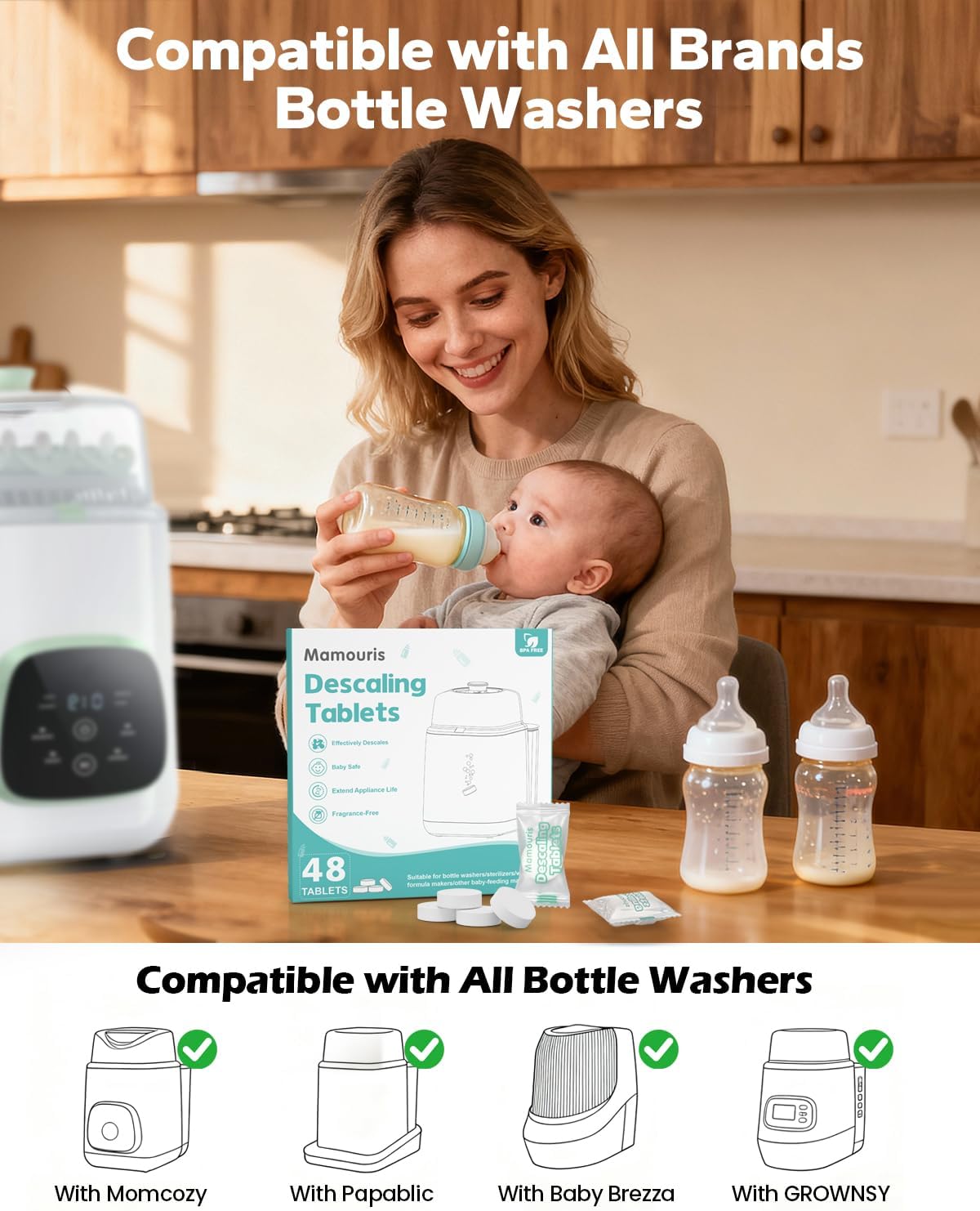 Descaling Tablets 36 Count: for Momcozy Baby Brezza Grownsy Papablic Bottle Washers, Detergent Washing Tablets for All Brands Baby Bottle Washer Machine Warmer Sterilizers Formula Maker