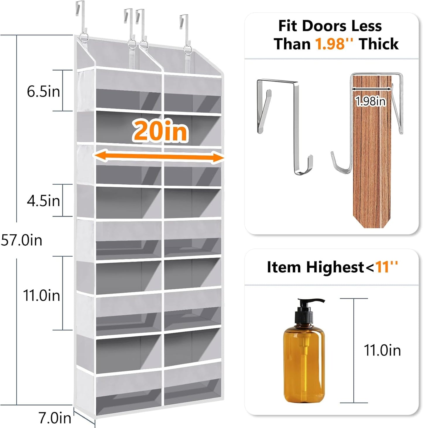 Heavy Duty Over The Door Organizer 5 Tiers, Extra Large Behind Door Storage of 10 Big Front & 10 Mesh Pockets, 80lb Weight Capacity, Hanging Doors Storage Organizer for Closet Bedroom Nursery, Grey