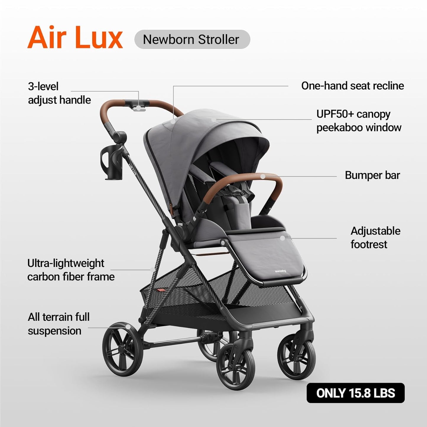 MAMAZING Air Lux Baby Stroller, Carbon Fiber Frame Only 15.8lbs, Compact Fold Toddler Stroller with Reversible Seat with Infant Insert, Included UPF 50+ Canopy, Large Storage Basket & Car Seat Adapter