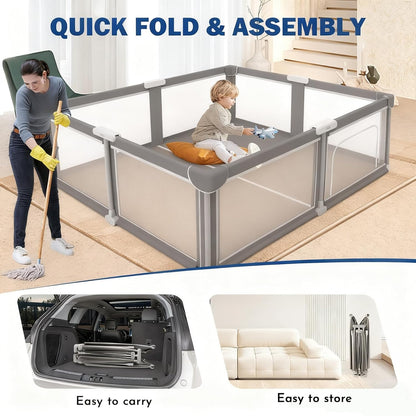 Foldable Baby Playpen with Mat - Portable,Spacious & Sturdy Playpen for Babies and Toddlers,Quick 1-Minute Setup,Travel-Friendly, Collapsible Play Pen for Indoor and Outdoor Use (Grey, 50x50 inches)